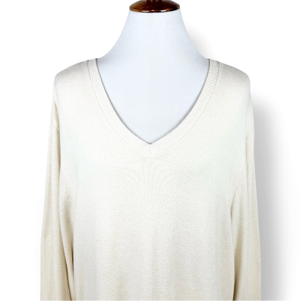 Anthropologie Cream V Neck Long Sleeve Fleece Sweater L - Picture 9 of 13